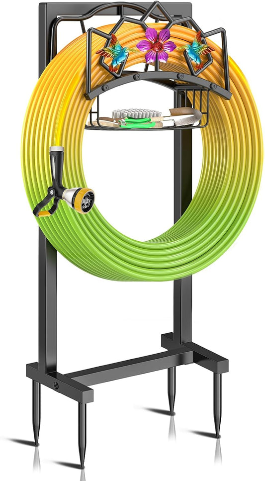 Garden Hose Holder, Heavy Duty Metal Water Hose Holder with Storage Basket, Freestanding Hose Stand Hanger, Sturdy Hoses Storage Rack 150-feet for Outside Yard Lawn