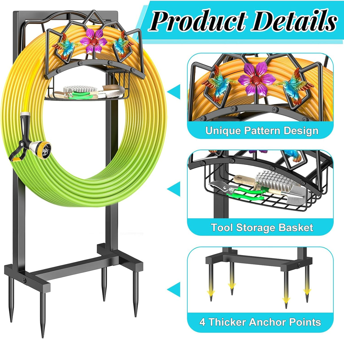 Garden Hose Holder, Heavy Duty Metal Water Hose Holder with Storage Basket, Freestanding Hose Stand Hanger, Sturdy Hoses Storage Rack 150-feet for Outside Yard Lawn