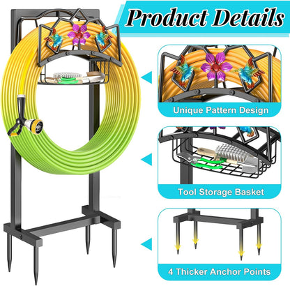 Garden Hose Holder, Heavy Duty Metal Water Hose Holder with Storage Basket, Freestanding Hose Stand Hanger, Sturdy Hoses Storage Rack 150-feet for Outside Yard Lawn