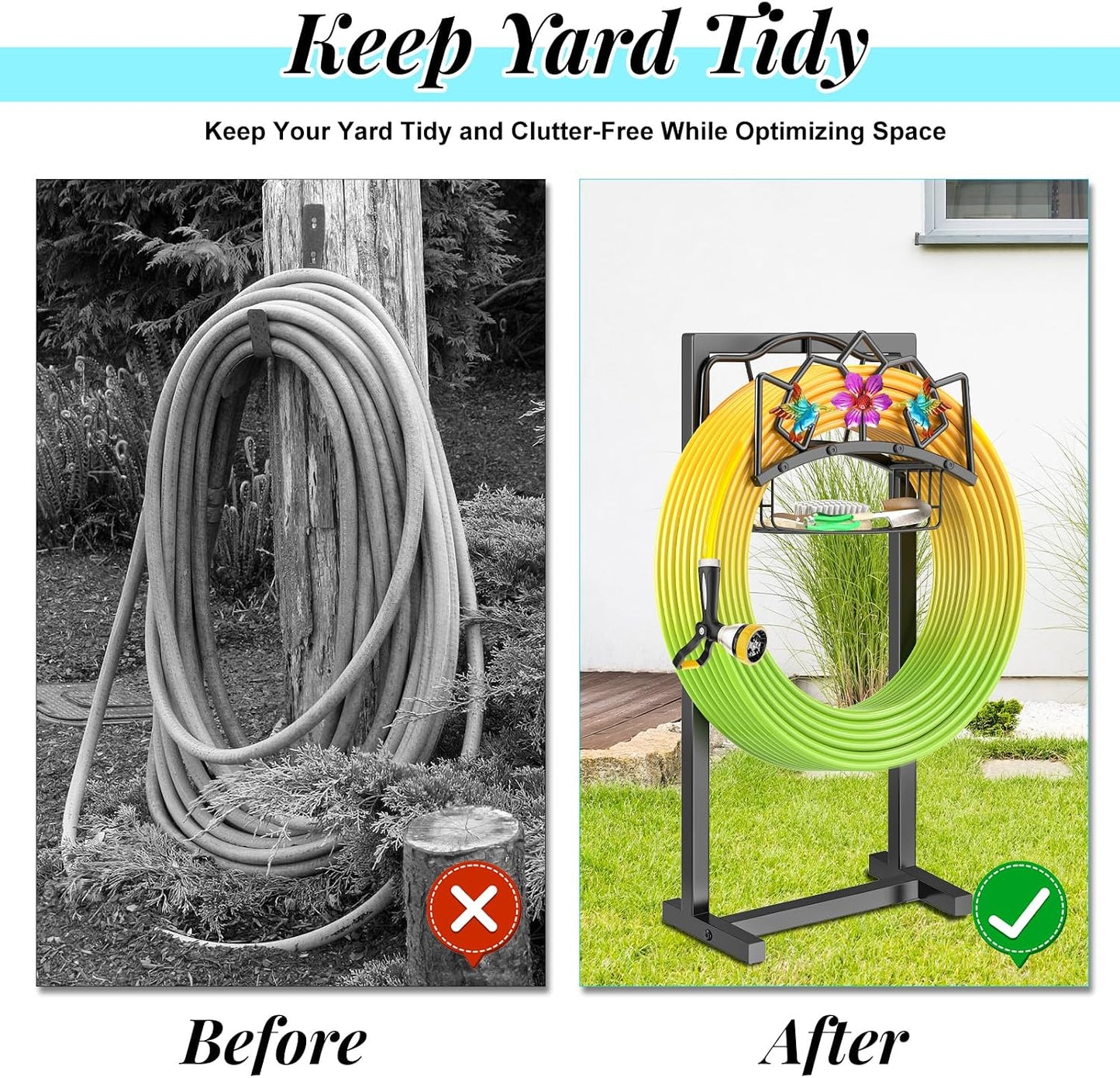 Garden Hose Holder, Heavy Duty Metal Water Hose Holder with Storage Basket, Freestanding Hose Stand Hanger, Sturdy Hoses Storage Rack 150-feet for Outside Yard Lawn
