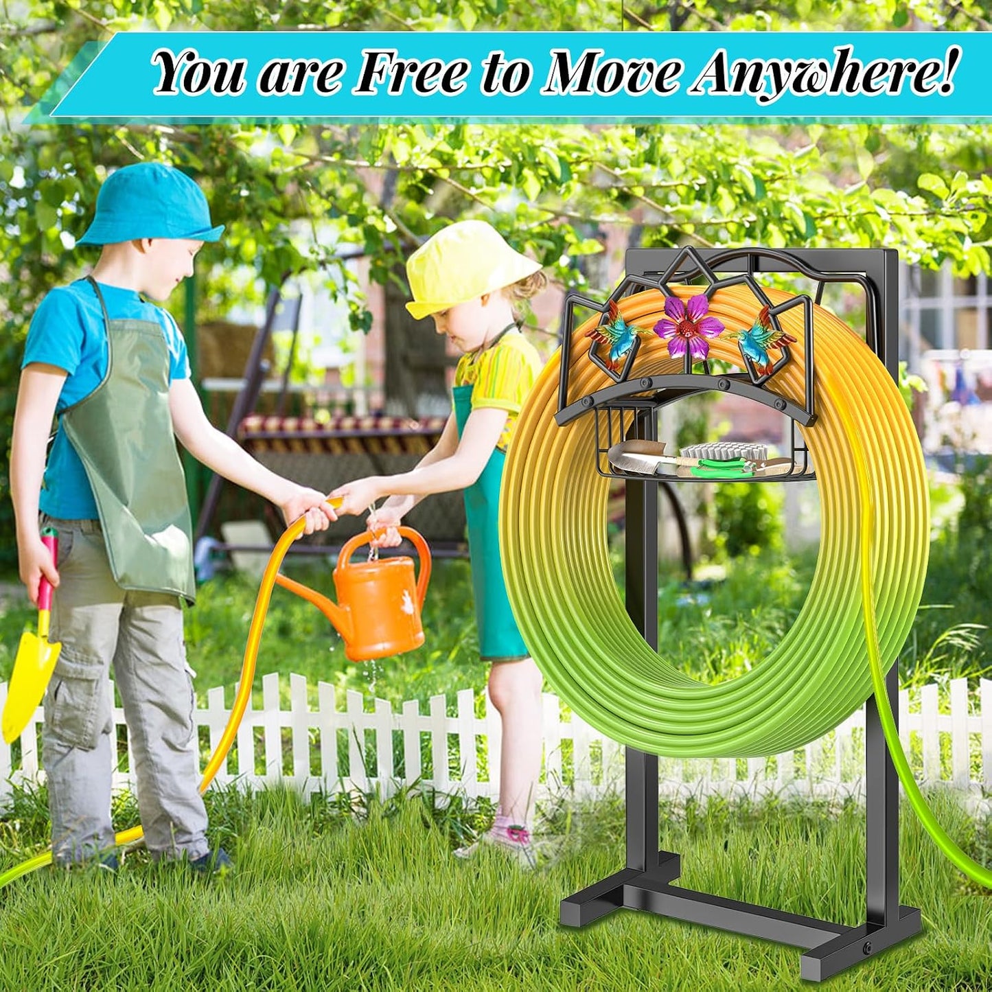 Garden Hose Holder, Heavy Duty Metal Water Hose Holder with Storage Basket, Freestanding Hose Stand Hanger, Sturdy Hoses Storage Rack 150-feet for Outside Yard Lawn