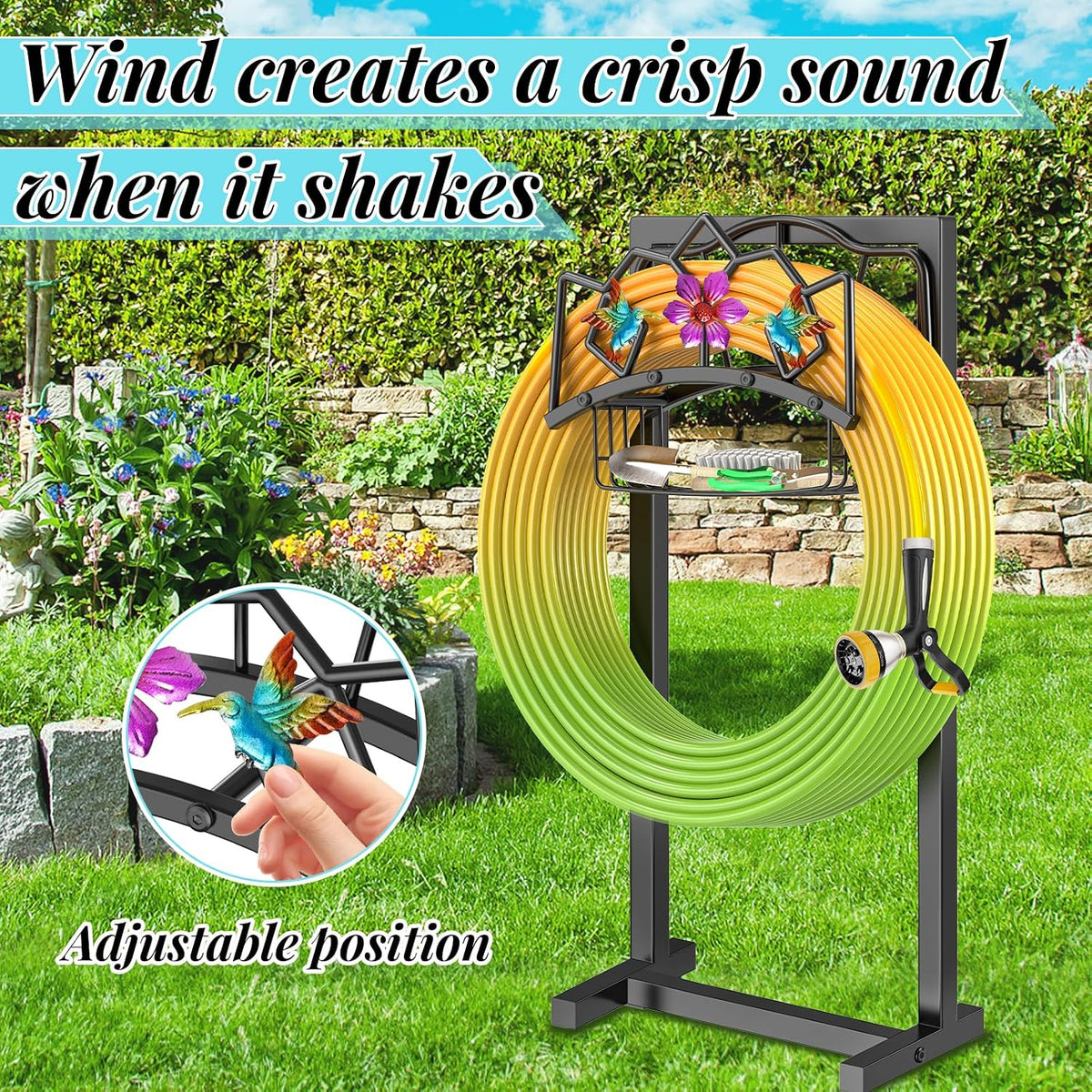 Garden Hose Holder, Heavy Duty Metal Water Hose Holder with Storage Basket, Freestanding Hose Stand Hanger, Sturdy Hoses Storage Rack 150-feet for Outside Yard Lawn