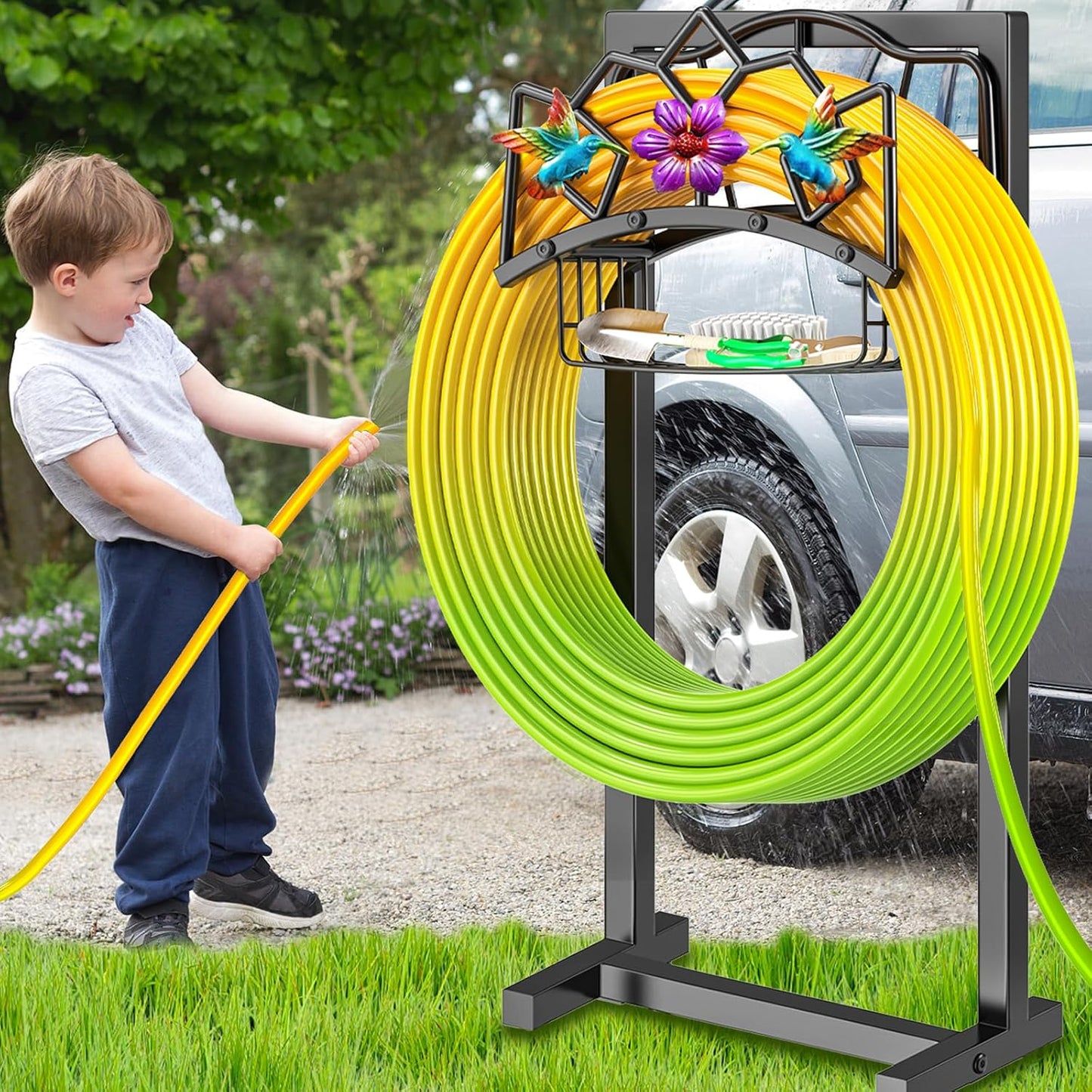 Garden Hose Holder, Heavy Duty Metal Water Hose Holder with Storage Basket, Freestanding Hose Stand Hanger, Sturdy Hoses Storage Rack 150-feet for Outside Yard Lawn