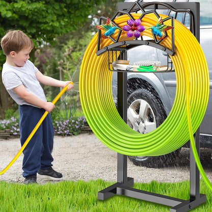 Garden Hose Holder, Heavy Duty Metal Water Hose Holder with Storage Basket, Freestanding Hose Stand Hanger, Sturdy Hoses Storage Rack 150-feet for Outside Yard Lawn