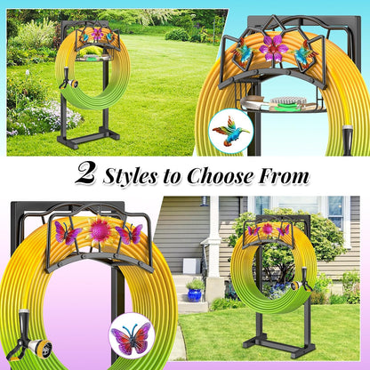 Garden Hose Holder, Heavy Duty Metal Water Hose Holder with Storage Basket, Freestanding Hose Stand Hanger, Sturdy Hoses Storage Rack 150-feet for Outside Yard Lawn
