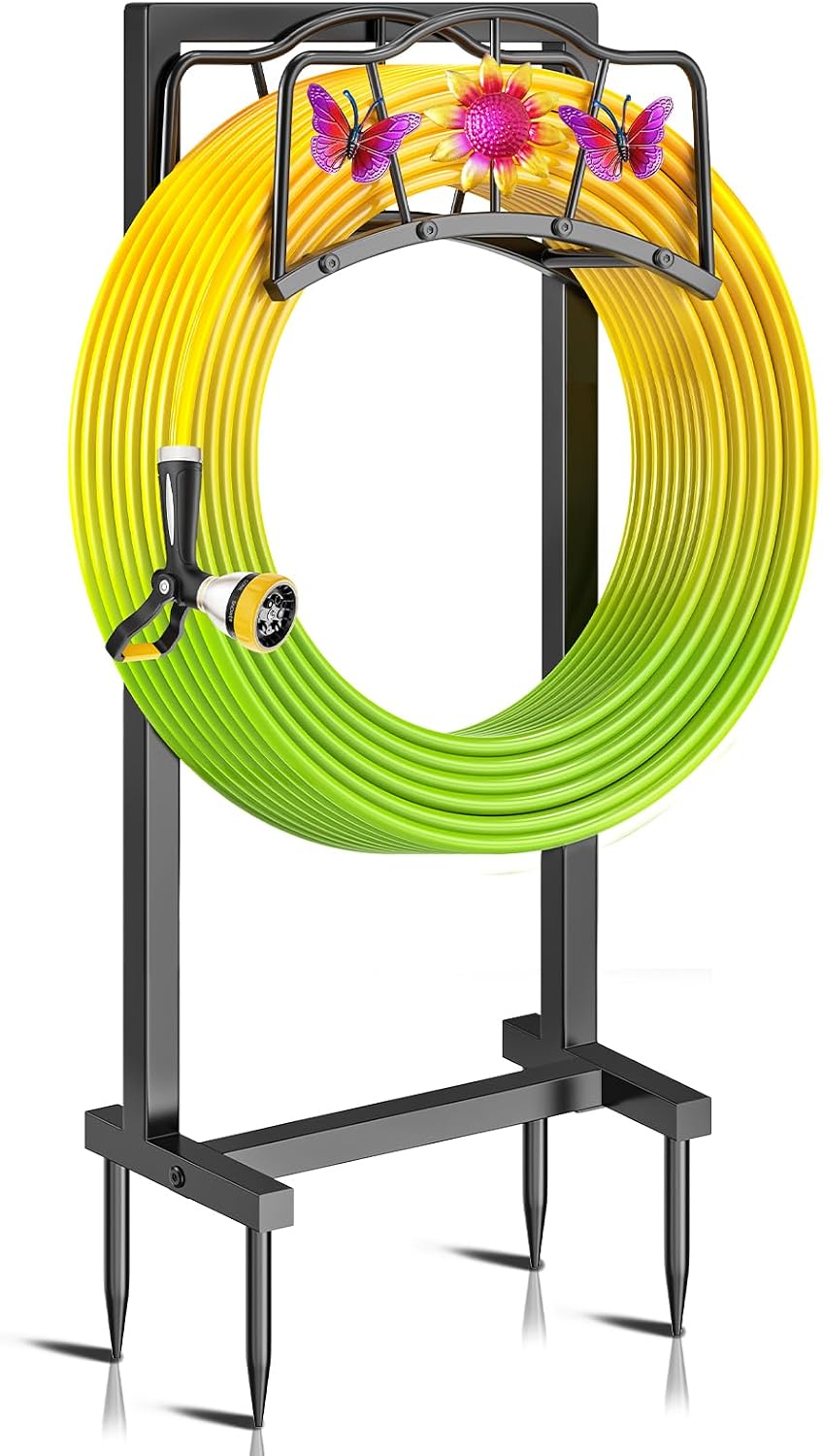 Garden Hose Holder, Heavy Duty Metal Water Hose Holder with Storage Basket, Freestanding Hose Stand Hanger, Sturdy Hoses Storage Rack 150-feet for Outside Yard Lawn