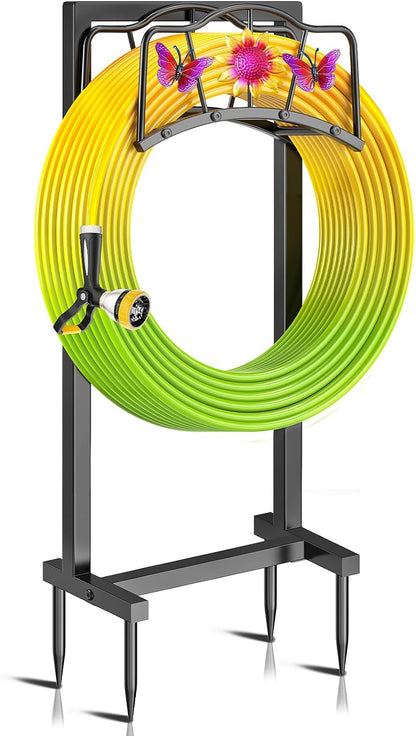 Garden Hose Holder, Heavy Duty Metal Water Hose Holder with Storage Basket, Freestanding Hose Stand Hanger, Sturdy Hoses Storage Rack 150-feet for Outside Yard Lawn