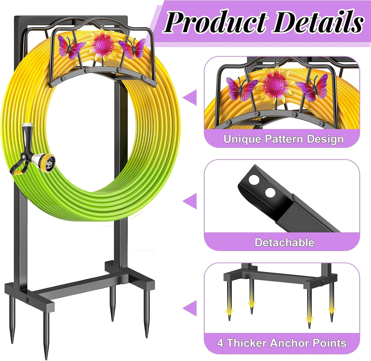 Garden Hose Holder, Heavy Duty Metal Water Hose Holder with Storage Basket, Freestanding Hose Stand Hanger, Sturdy Hoses Storage Rack 150-feet for Outside Yard Lawn
