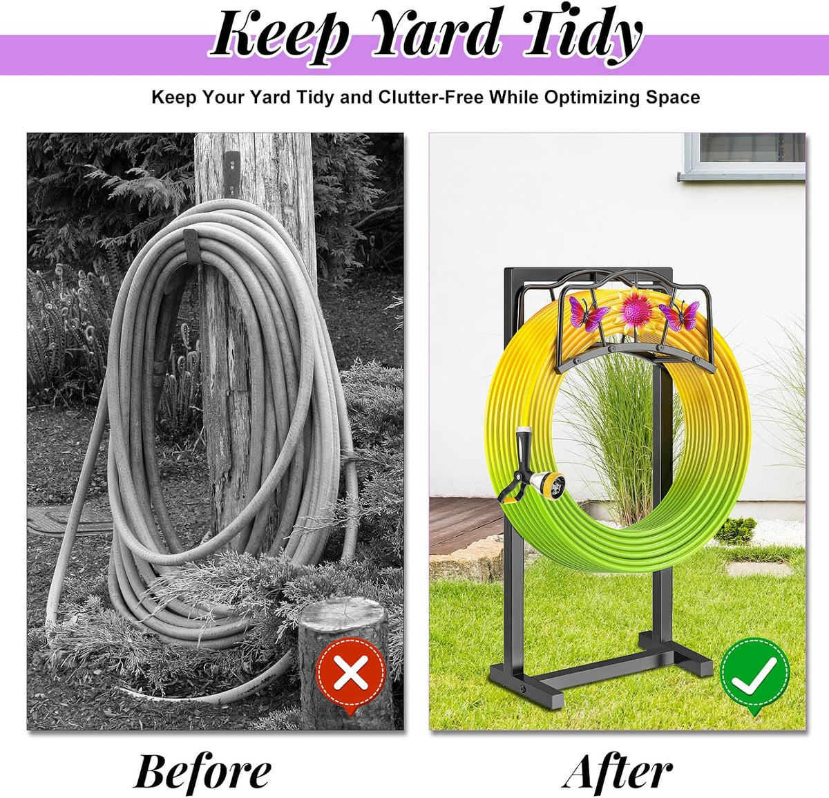 Garden Hose Holder, Heavy Duty Metal Water Hose Holder with Storage Basket, Freestanding Hose Stand Hanger, Sturdy Hoses Storage Rack 150-feet for Outside Yard Lawn