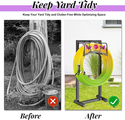 Garden Hose Holder, Heavy Duty Metal Water Hose Holder with Storage Basket, Freestanding Hose Stand Hanger, Sturdy Hoses Storage Rack 150-feet for Outside Yard Lawn