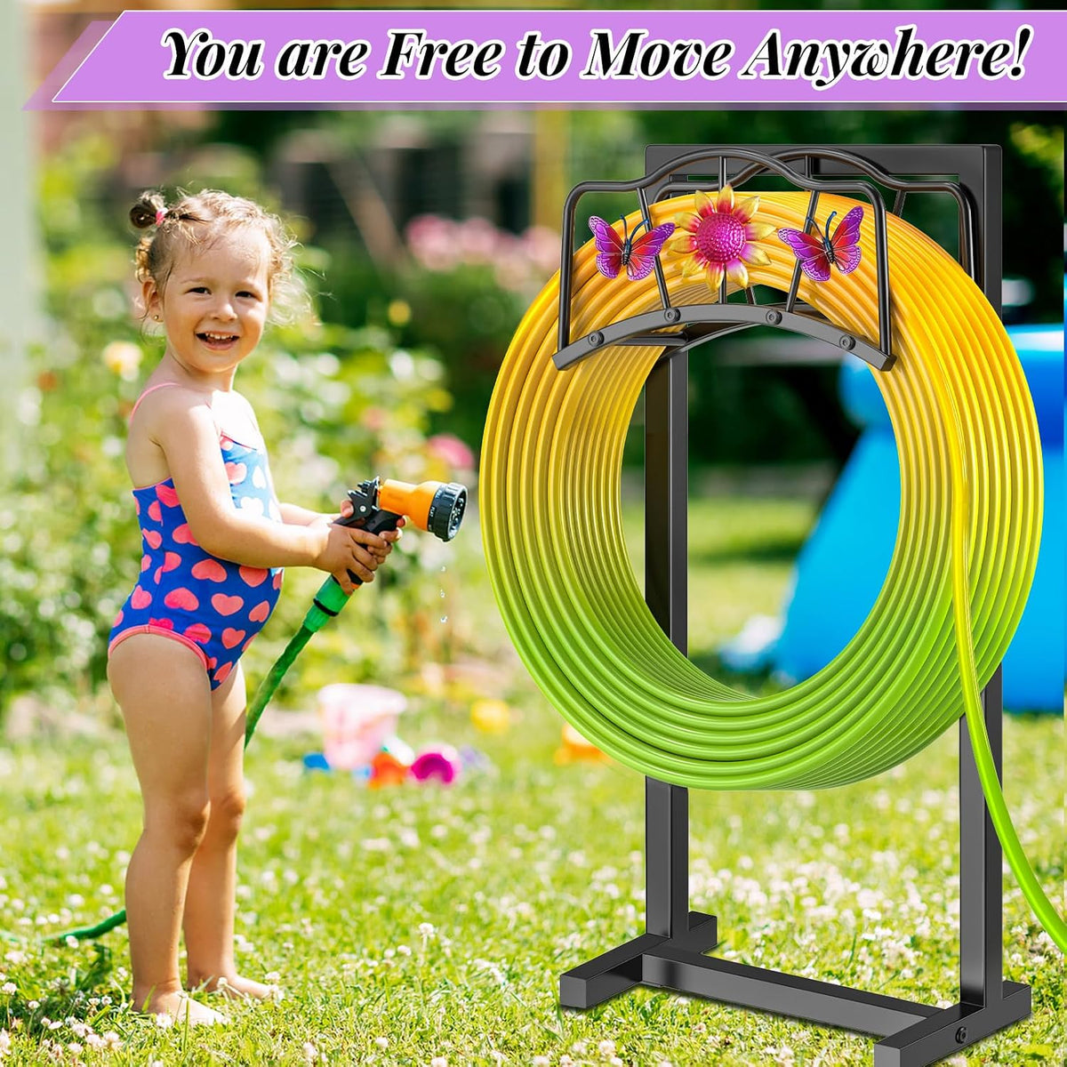 Garden Hose Holder, Heavy Duty Metal Water Hose Holder with Storage Basket, Freestanding Hose Stand Hanger, Sturdy Hoses Storage Rack 150-feet for Outside Yard Lawn