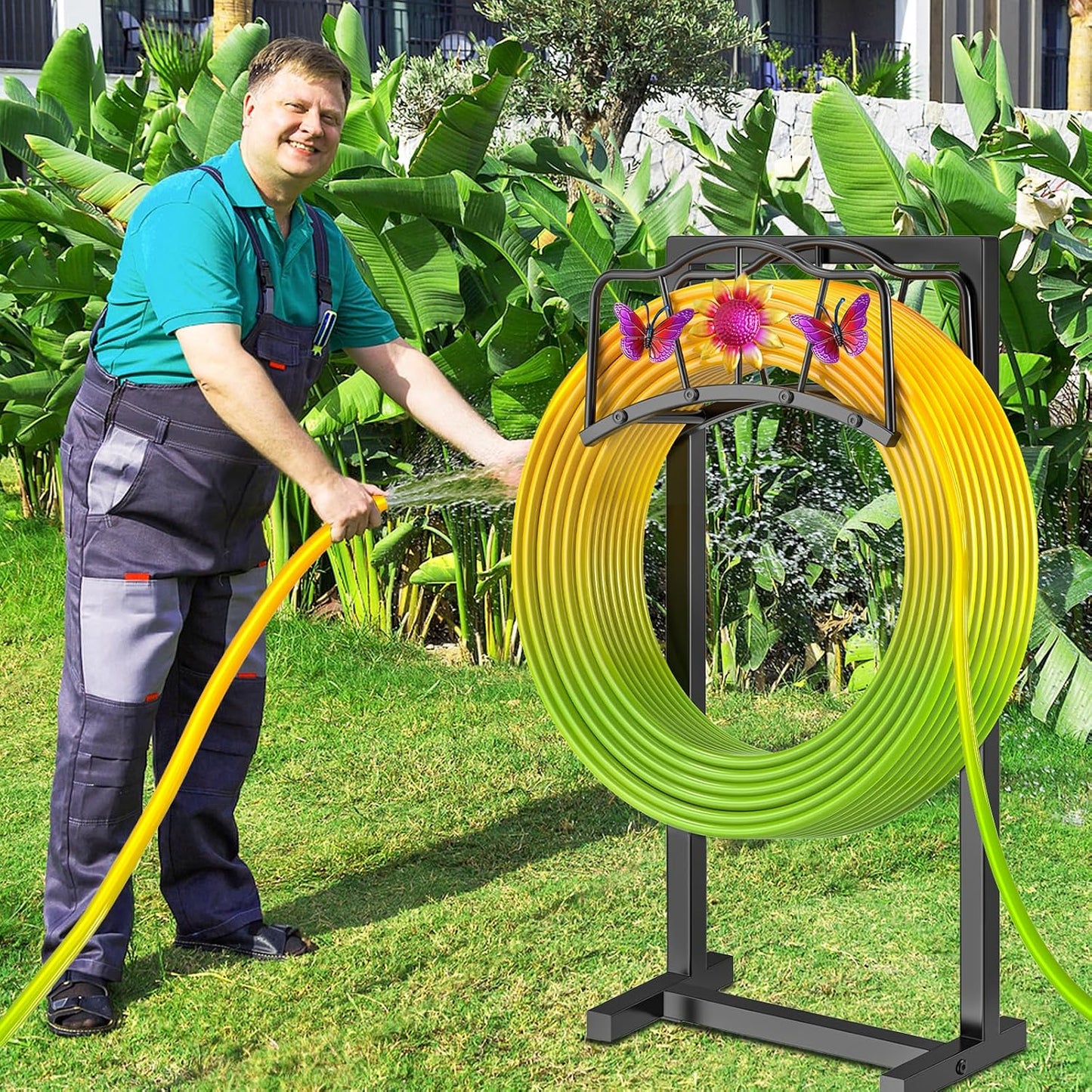 Garden Hose Holder, Heavy Duty Metal Water Hose Holder with Storage Basket, Freestanding Hose Stand Hanger, Sturdy Hoses Storage Rack 150-feet for Outside Yard Lawn