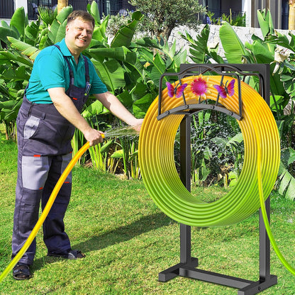Garden Hose Holder, Heavy Duty Metal Water Hose Holder with Storage Basket, Freestanding Hose Stand Hanger, Sturdy Hoses Storage Rack 150-feet for Outside Yard Lawn