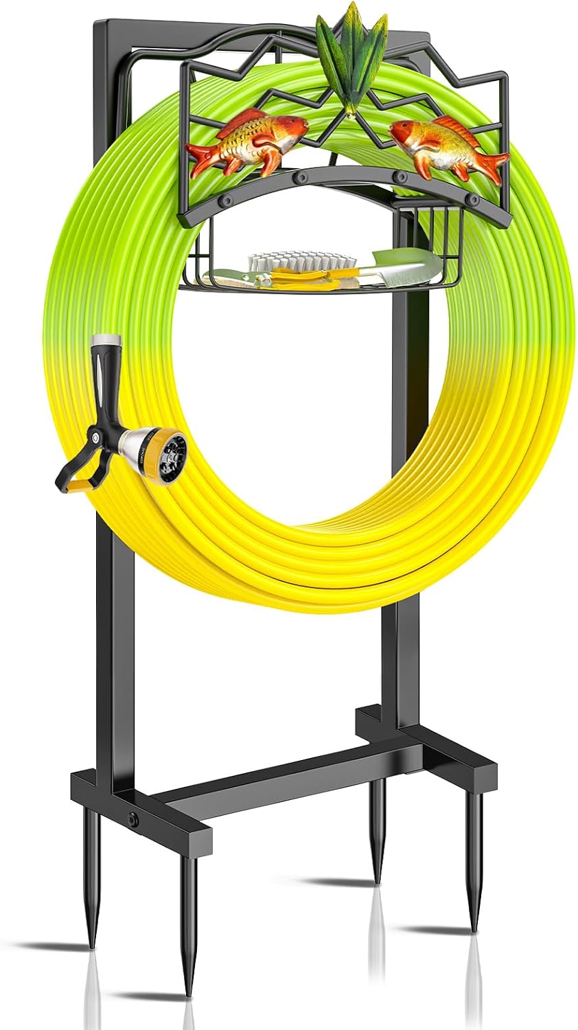 Garden Hose Holder, Heavy Duty Metal Water Hose Holder with Storage Basket, Freestanding Hose Stand Hanger, Sturdy Hoses Storage Rack 150-feet for Outside Yard Lawn