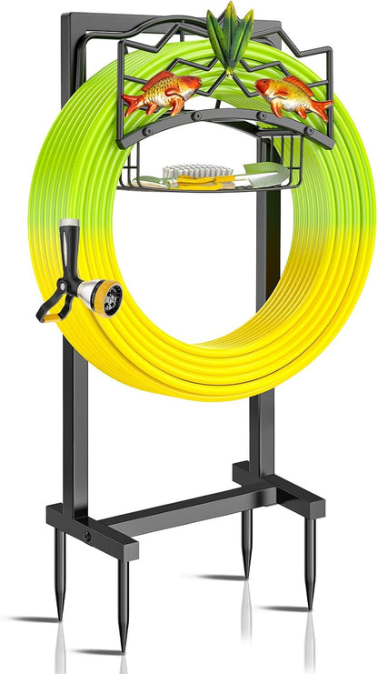 Garden Hose Holder, Heavy Duty Metal Water Hose Holder with Storage Basket, Freestanding Hose Stand Hanger, Sturdy Hoses Storage Rack 150-feet for Outside Yard Lawn