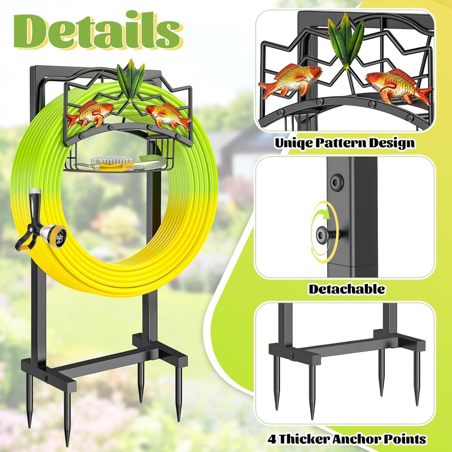 Garden Hose Holder, Heavy Duty Metal Water Hose Holder with Storage Basket, Freestanding Hose Stand Hanger, Sturdy Hoses Storage Rack 150-feet for Outside Yard Lawn