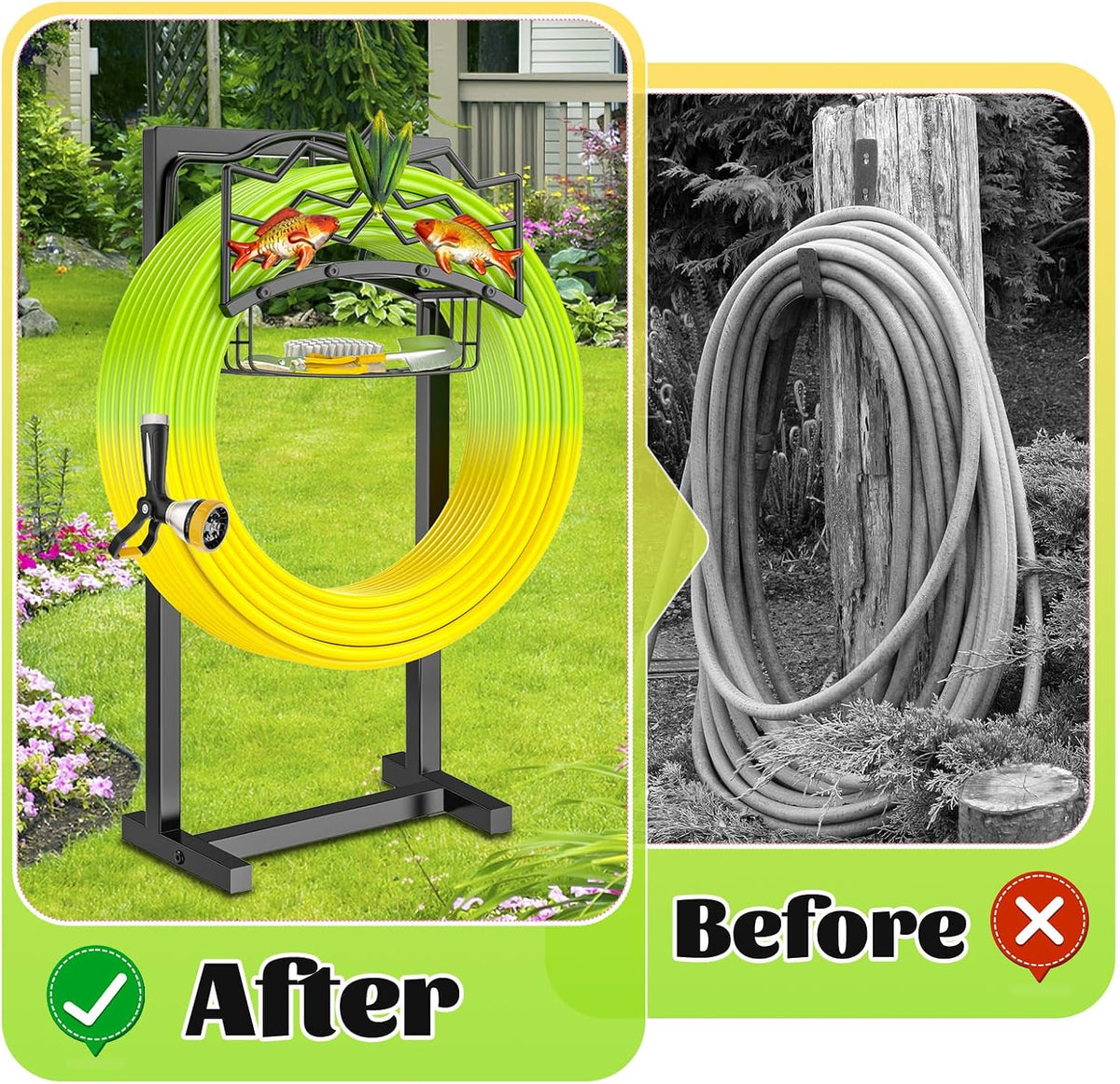 Garden Hose Holder, Heavy Duty Metal Water Hose Holder with Storage Basket, Freestanding Hose Stand Hanger, Sturdy Hoses Storage Rack 150-feet for Outside Yard Lawn