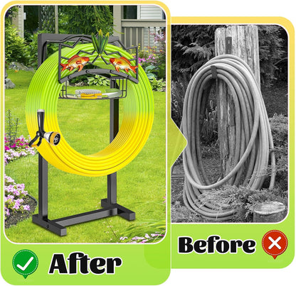 Garden Hose Holder, Heavy Duty Metal Water Hose Holder with Storage Basket, Freestanding Hose Stand Hanger, Sturdy Hoses Storage Rack 150-feet for Outside Yard Lawn