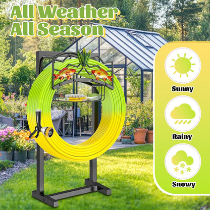 Garden Hose Holder, Heavy Duty Metal Water Hose Holder with Storage Basket, Freestanding Hose Stand Hanger, Sturdy Hoses Storage Rack 150-feet for Outside Yard Lawn