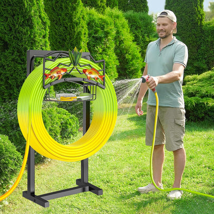 Garden Hose Holder, Heavy Duty Metal Water Hose Holder with Storage Basket, Freestanding Hose Stand Hanger, Sturdy Hoses Storage Rack 150-feet for Outside Yard Lawn