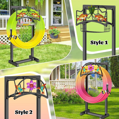 Garden Hose Holder, Heavy Duty Metal Water Hose Holder with Storage Basket, Freestanding Hose Stand Hanger, Sturdy Hoses Storage Rack 150-feet for Outside Yard Lawn