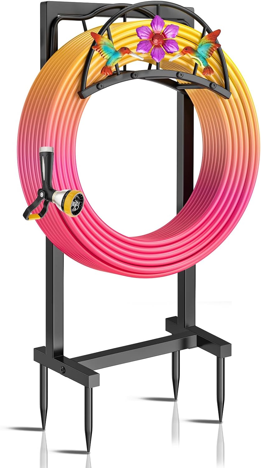 Garden Hose Holder, Heavy Duty Metal Water Hose Holder with Storage Basket, Freestanding Hose Stand Hanger, Sturdy Hoses Storage Rack 150-feet for Outside Yard Lawn