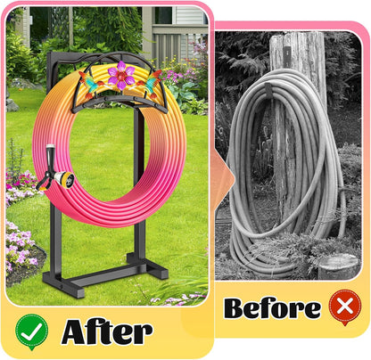 Garden Hose Holder, Heavy Duty Metal Water Hose Holder with Storage Basket, Freestanding Hose Stand Hanger, Sturdy Hoses Storage Rack 150-feet for Outside Yard Lawn