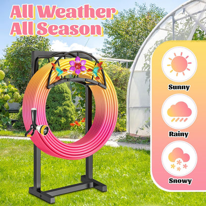 Garden Hose Holder, Heavy Duty Metal Water Hose Holder with Storage Basket, Freestanding Hose Stand Hanger, Sturdy Hoses Storage Rack 150-feet for Outside Yard Lawn