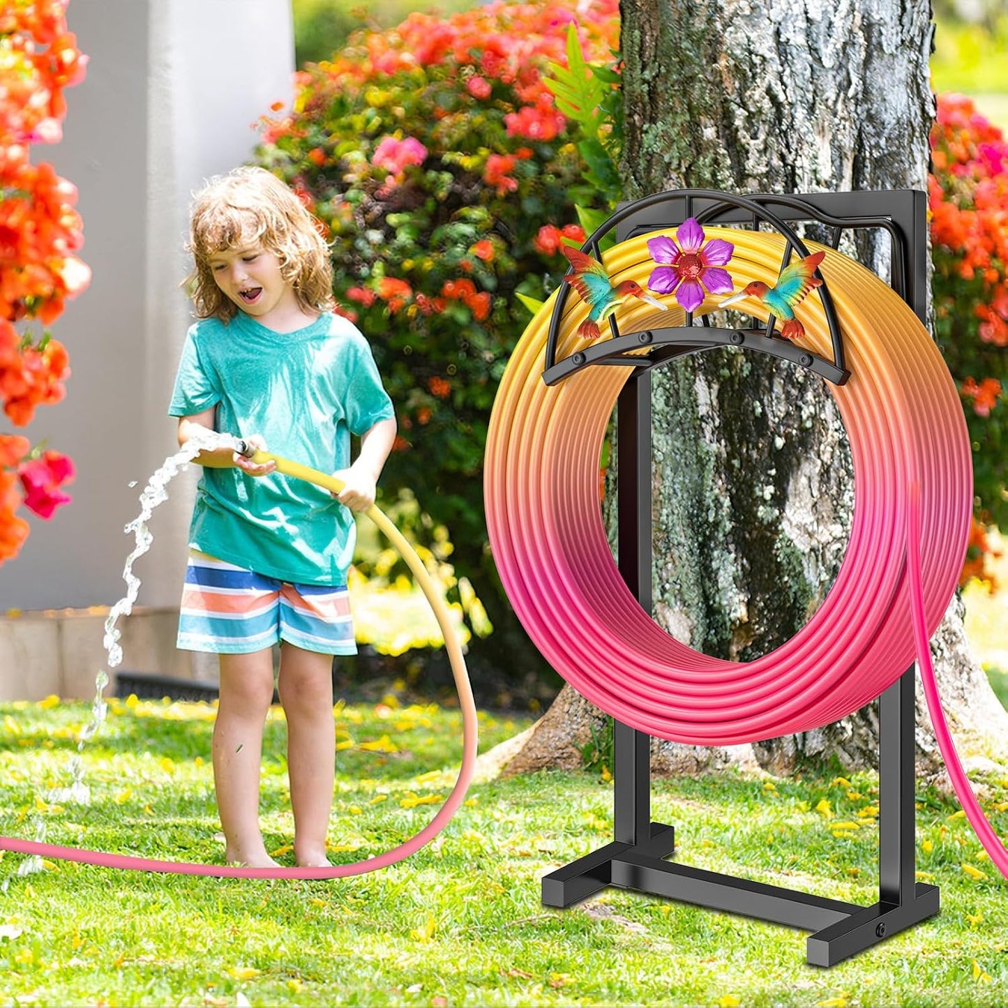 Garden Hose Holder, Heavy Duty Metal Water Hose Holder with Storage Basket, Freestanding Hose Stand Hanger, Sturdy Hoses Storage Rack 150-feet for Outside Yard Lawn