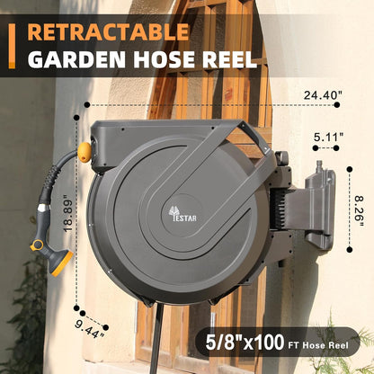 Retractable Hose Reel 5/8 in x100 ft， Wall Mounted Hose Reel