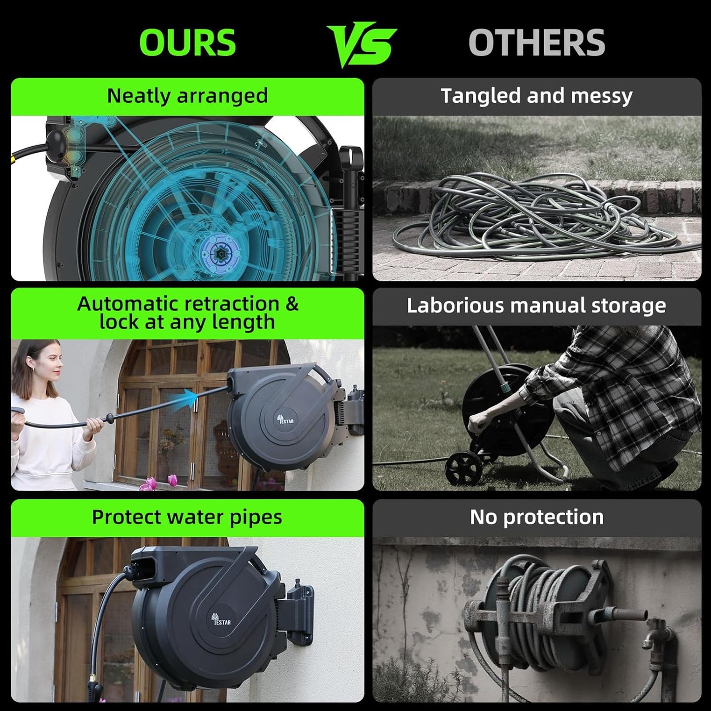 Retractable Hose Reel 5/8 in x100 ft， Wall Mounted Hose Reel
