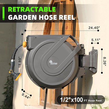 Retractable Hose Reel 5/8 in x100 ft， Wall Mounted Hose Reel