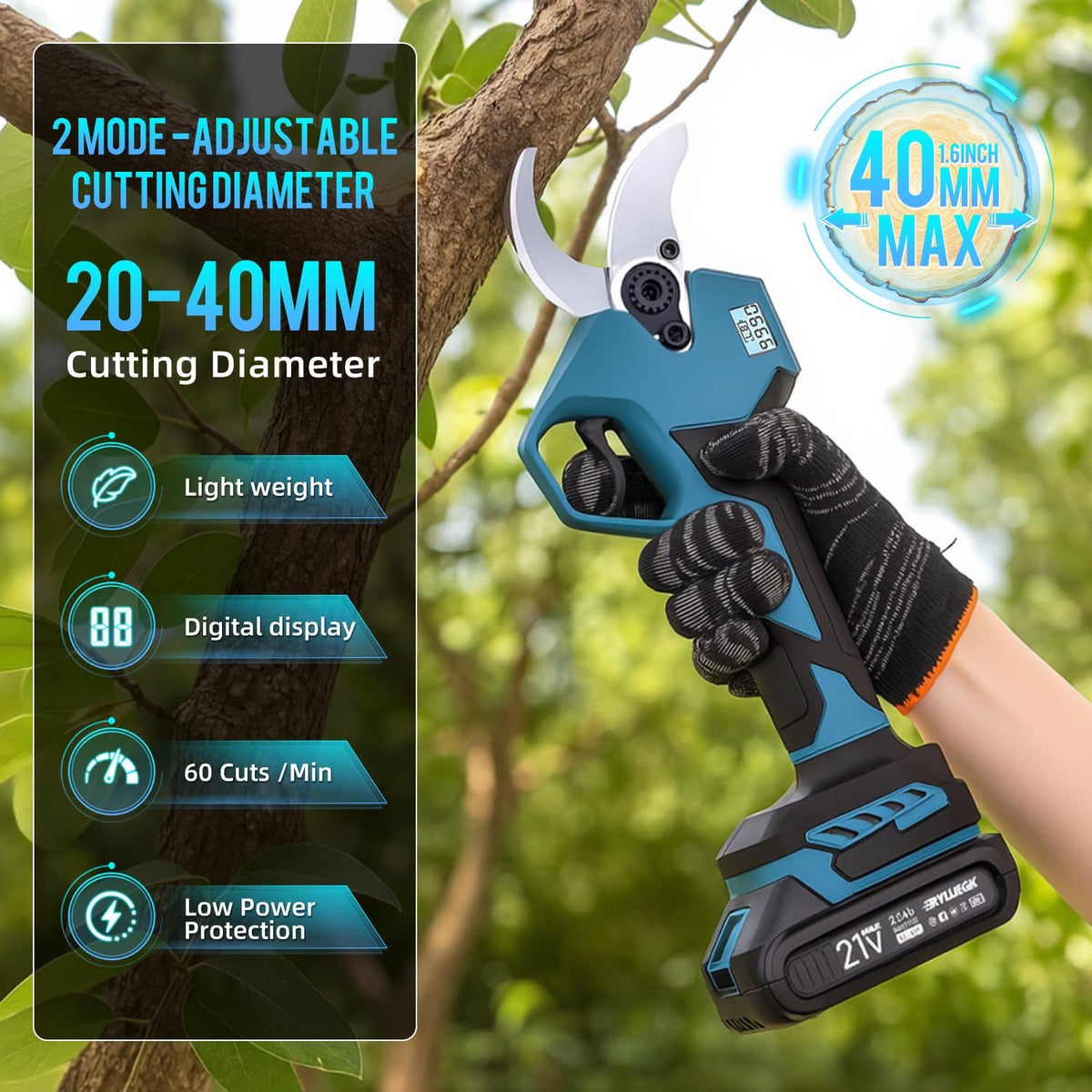 1.6" Brushless Electric Pruning Shears with 2x2.0Ah Battery