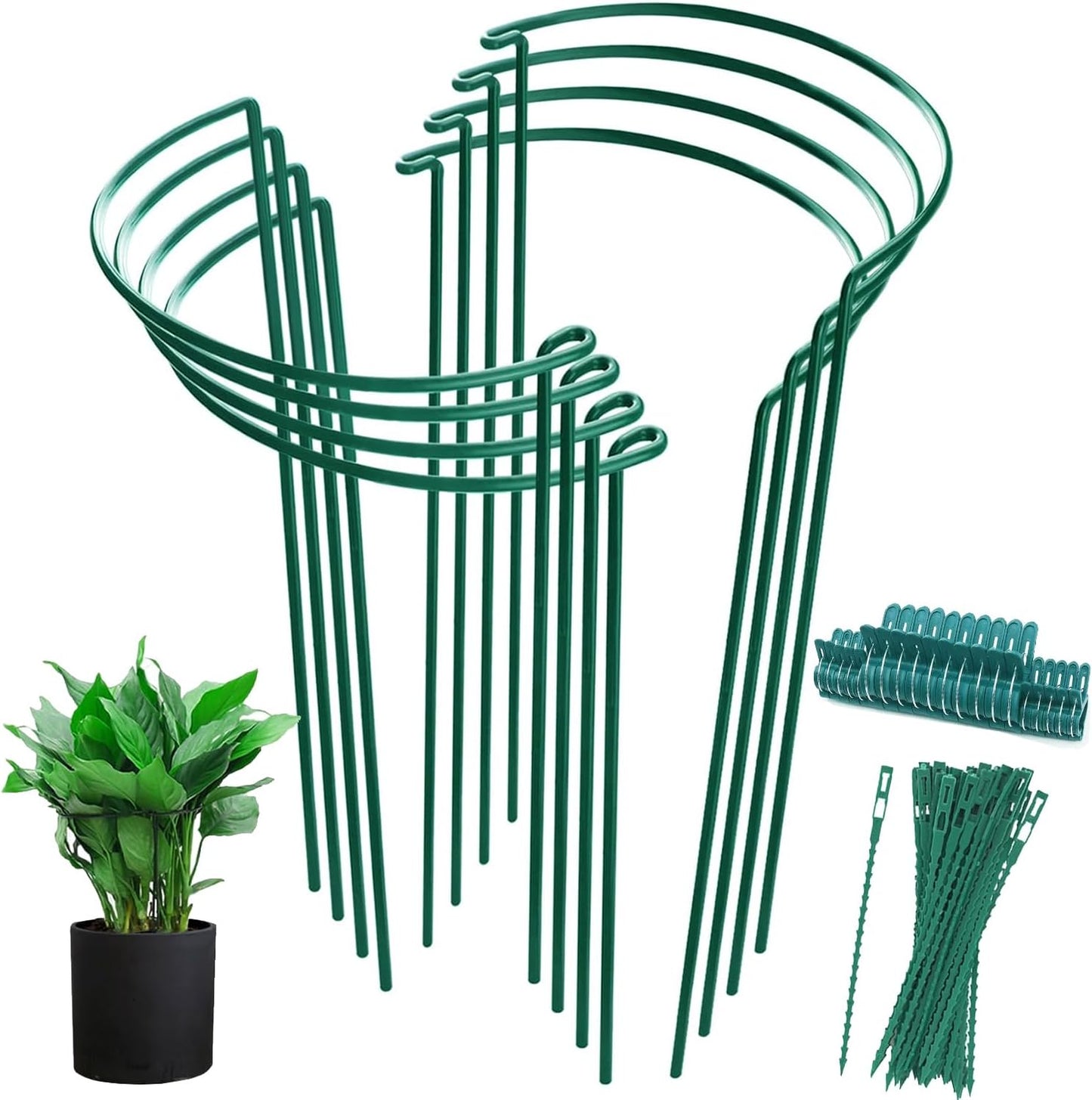 8 Pack Half Round Plant Support Stakes, Green Metal Garden Plant Supports, 9.8”W x15.7”H Plant Support Rings with 20 Pcs Plant Clips for Indoor Outdoor Plants