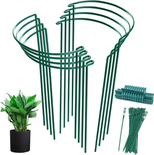 8 Pack Half Round Plant Support Stakes, Green Metal Garden Plant Supports, 9.8”W x15.7”H Plant Support Rings with 20 Pcs Plant Clips for Indoor Outdoor Plants