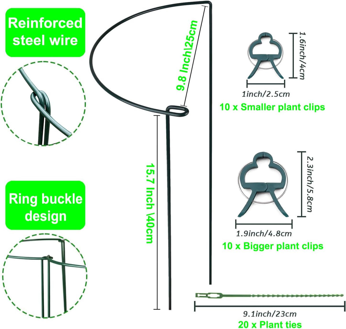 8 Pack Half Round Plant Support Stakes, Green Metal Garden Plant Supports, 9.8”W x15.7”H Plant Support Rings with 20 Pcs Plant Clips for Indoor Outdoor Plants