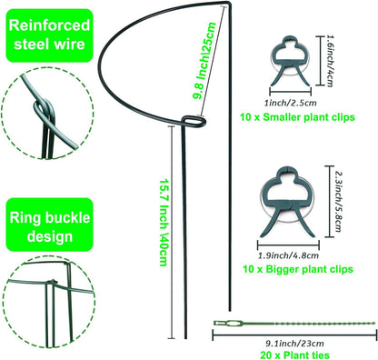 8 Pack Half Round Plant Support Stakes, Green Metal Garden Plant Supports, 9.8”W x15.7”H Plant Support Rings with 20 Pcs Plant Clips for Indoor Outdoor Plants