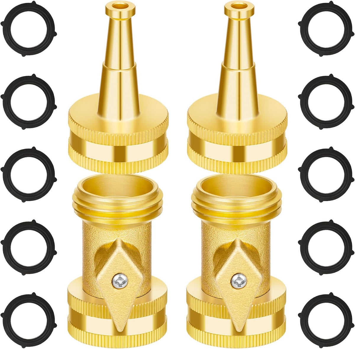 Brass Hose Nozzle - High Pressure Jet Nozzle 4 Count (2 Set), Heavy Duty Water Hose Sprayer Sweeper with Hose Shutoff Valve, 3/4” GHT Nozzles for Garden Hose, Car Wash, Extra 10 Rubber Washers