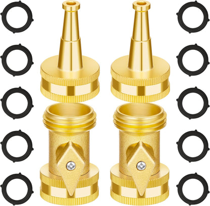 Brass Hose Nozzle - High Pressure Jet Nozzle 4 Count (2 Set), Heavy Duty Water Hose Sprayer Sweeper with Hose Shutoff Valve, 3/4” GHT Nozzles for Garden Hose, Car Wash, Extra 10 Rubber Washers