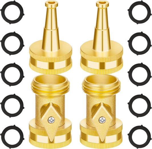 Brass Hose Nozzle - High Pressure Jet Nozzle 4 Count (2 Set), Heavy Duty Water Hose Sprayer Sweeper with Hose Shutoff Valve, 3/4” GHT Nozzles for Garden Hose, Car Wash, Extra 10 Rubber Washers
