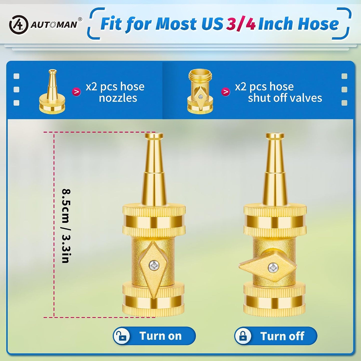 Brass Hose Nozzle - High Pressure Jet Nozzle 4 Count (2 Set), Heavy Duty Water Hose Sprayer Sweeper with Hose Shutoff Valve, 3/4” GHT Nozzles for Garden Hose, Car Wash, Extra 10 Rubber Washers