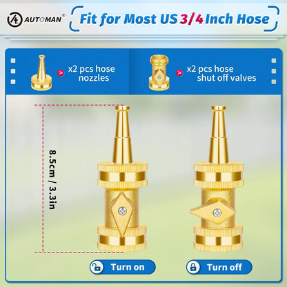 Brass Hose Nozzle - High Pressure Jet Nozzle 4 Count (2 Set), Heavy Duty Water Hose Sprayer Sweeper with Hose Shutoff Valve, 3/4” GHT Nozzles for Garden Hose, Car Wash, Extra 10 Rubber Washers