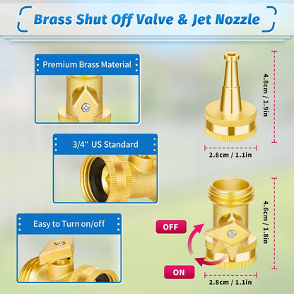 Brass Hose Nozzle - High Pressure Jet Nozzle 4 Count (2 Set), Heavy Duty Water Hose Sprayer Sweeper with Hose Shutoff Valve, 3/4” GHT Nozzles for Garden Hose, Car Wash, Extra 10 Rubber Washers