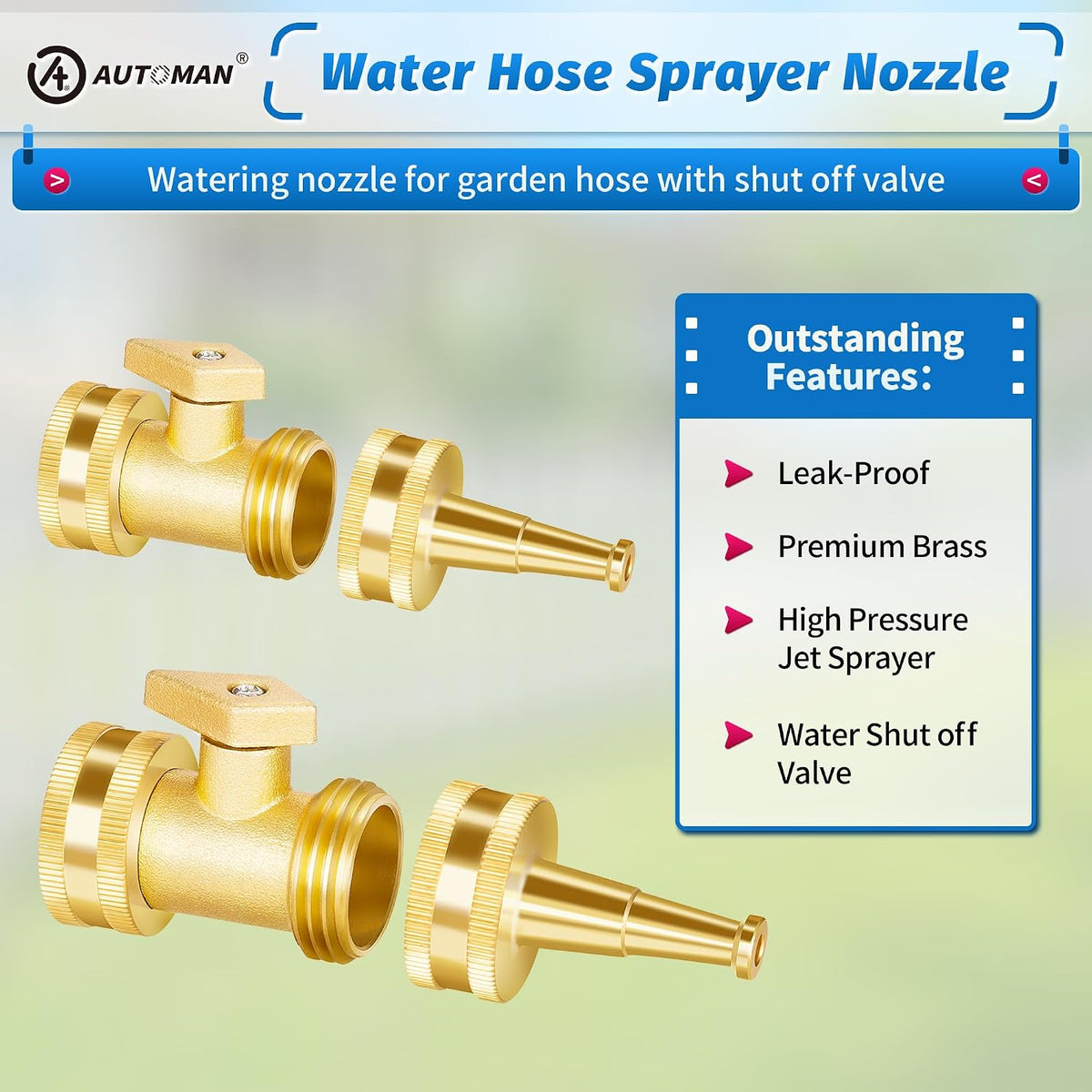 Brass Hose Nozzle - High Pressure Jet Nozzle 4 Count (2 Set), Heavy Duty Water Hose Sprayer Sweeper with Hose Shutoff Valve, 3/4” GHT Nozzles for Garden Hose, Car Wash, Extra 10 Rubber Washers