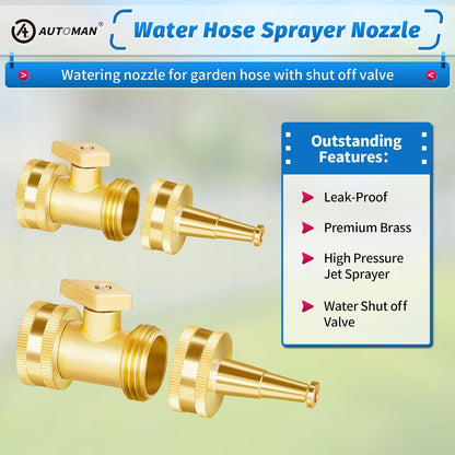 Brass Hose Nozzle - High Pressure Jet Nozzle 4 Count (2 Set), Heavy Duty Water Hose Sprayer Sweeper with Hose Shutoff Valve, 3/4” GHT Nozzles for Garden Hose, Car Wash, Extra 10 Rubber Washers