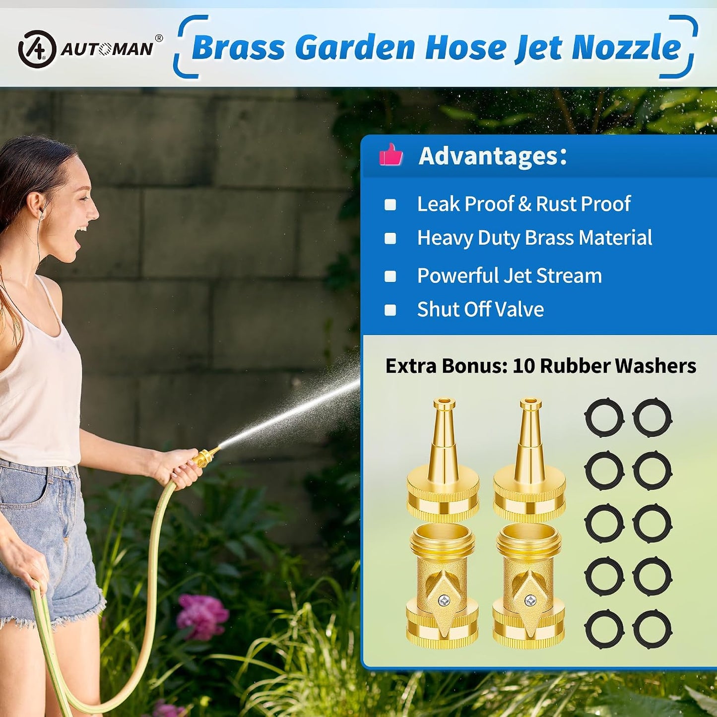 Brass Hose Nozzle - High Pressure Jet Nozzle 4 Count (2 Set), Heavy Duty Water Hose Sprayer Sweeper with Hose Shutoff Valve, 3/4” GHT Nozzles for Garden Hose, Car Wash, Extra 10 Rubber Washers