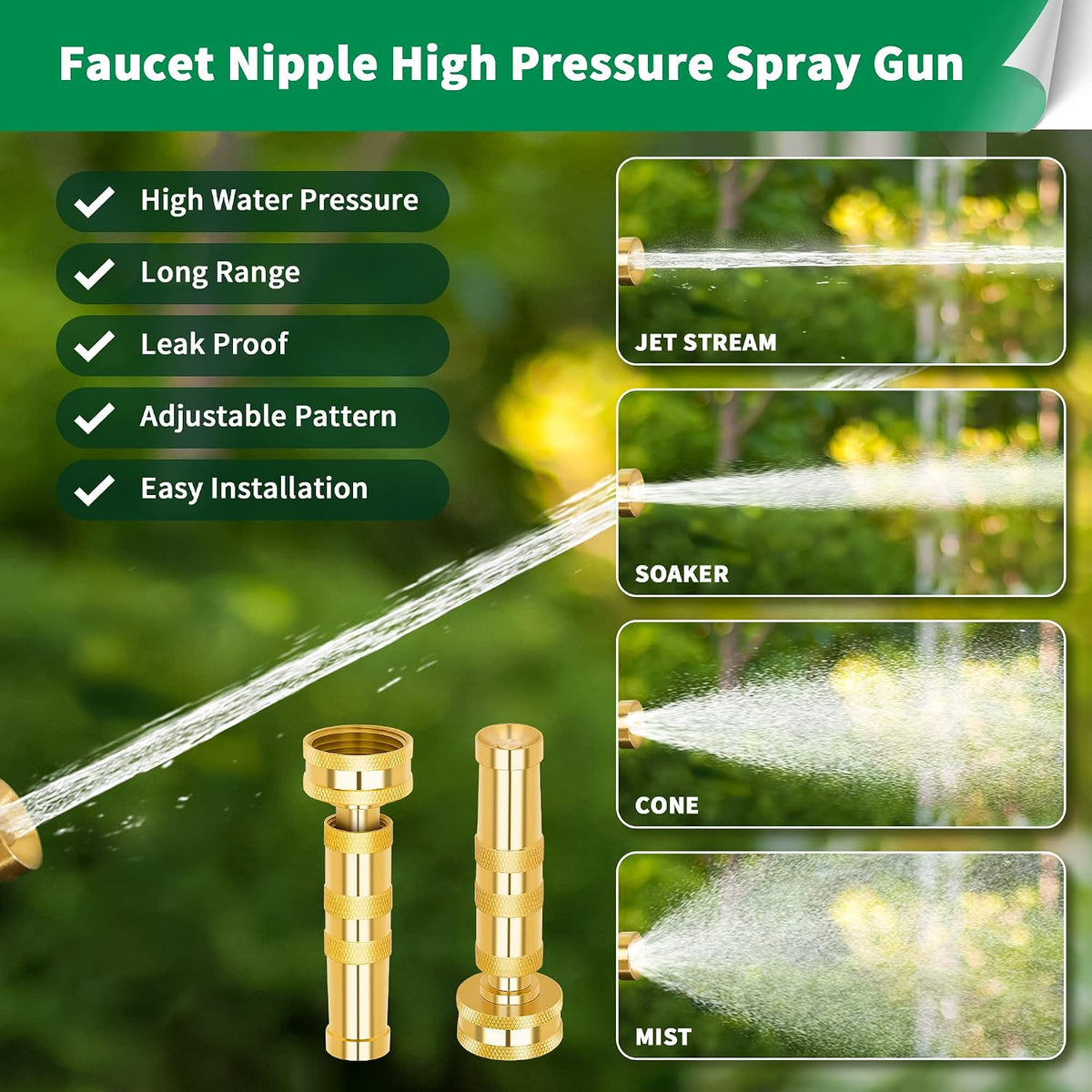Brass Hose Nozzle - High Pressure Jet Nozzle 4 Count (2 Set), Heavy Duty Water Hose Sprayer Sweeper with Hose Shutoff Valve, 3/4” GHT Nozzles for Garden Hose, Car Wash, Extra 10 Rubber Washers