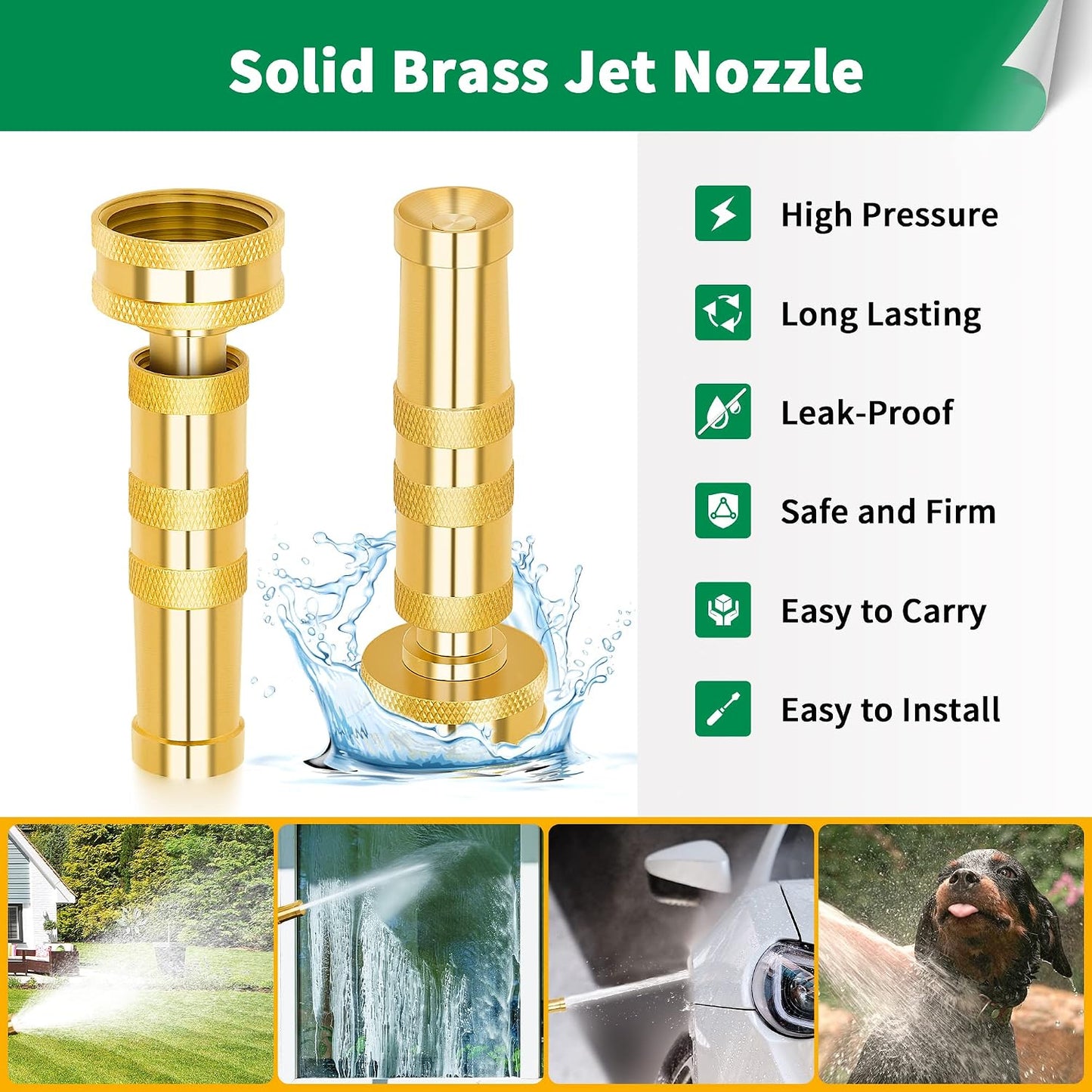 Brass Hose Nozzle - High Pressure Jet Nozzle 4 Count (2 Set), Heavy Duty Water Hose Sprayer Sweeper with Hose Shutoff Valve, 3/4” GHT Nozzles for Garden Hose, Car Wash, Extra 10 Rubber Washers