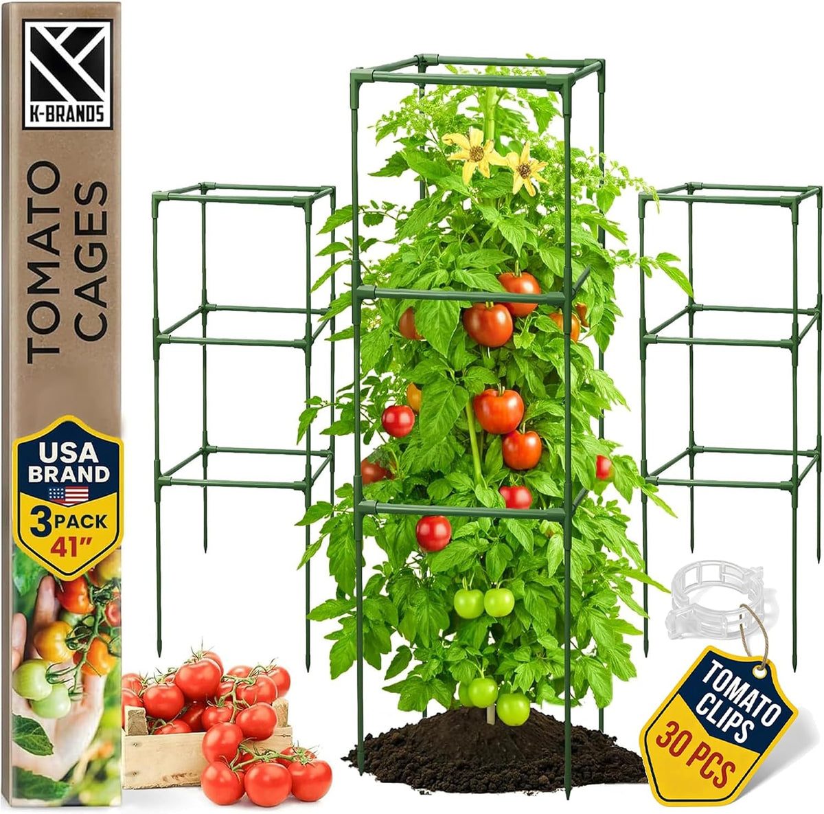 3 Pack 41" Square Tomato Cages for Garden - Large Tomato Trellis Stakes