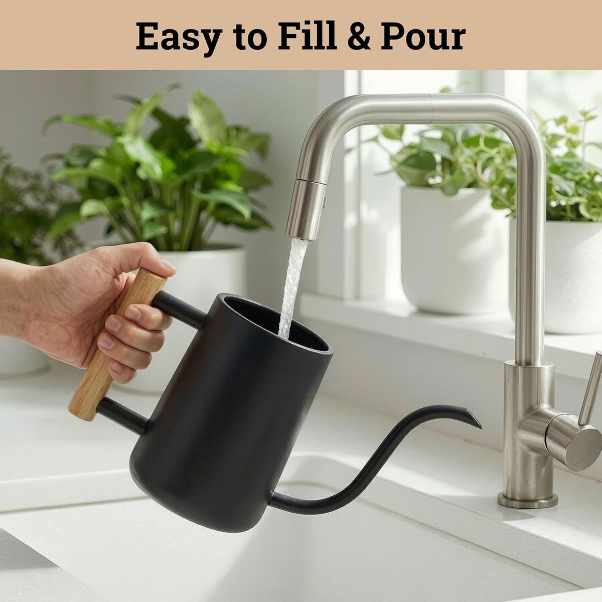 Metal Small Indoor Watering Can with Long Spout & Real Wood Handle, 35oz